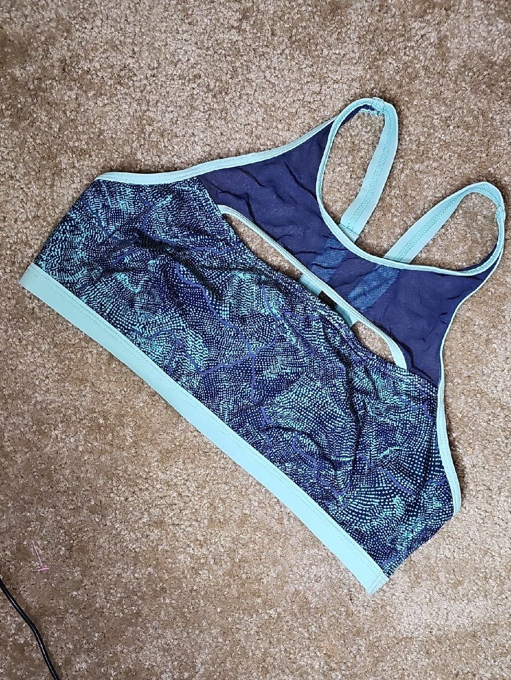 Zella Mesh Navy Upper and Teal Patterned Racerback Sports Bra P27